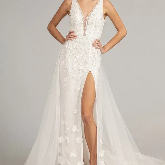 Rhinestone Embellished Mesh Mermaid Dress w/ 3-D Flower and Detached Layer G3011